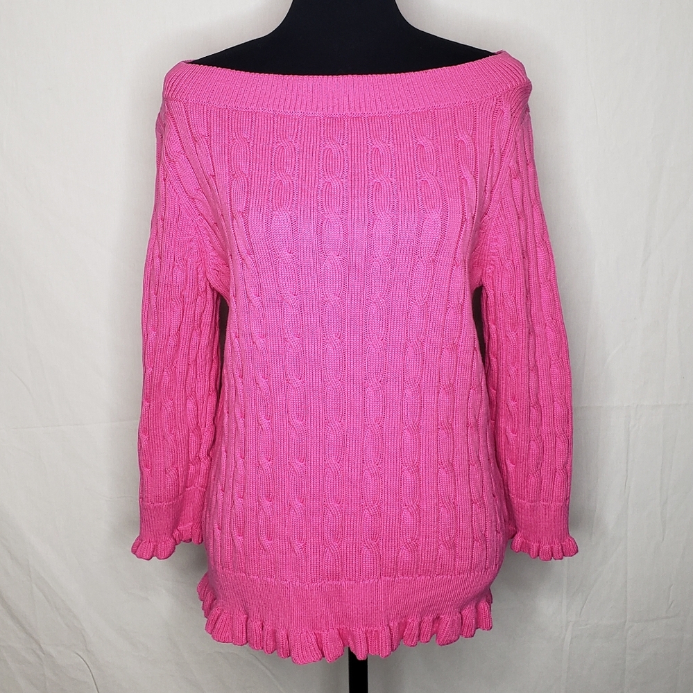 American Living 100% Cotton Cable Chunky Knit Ruffle Sweater Tunic Size XL Pink